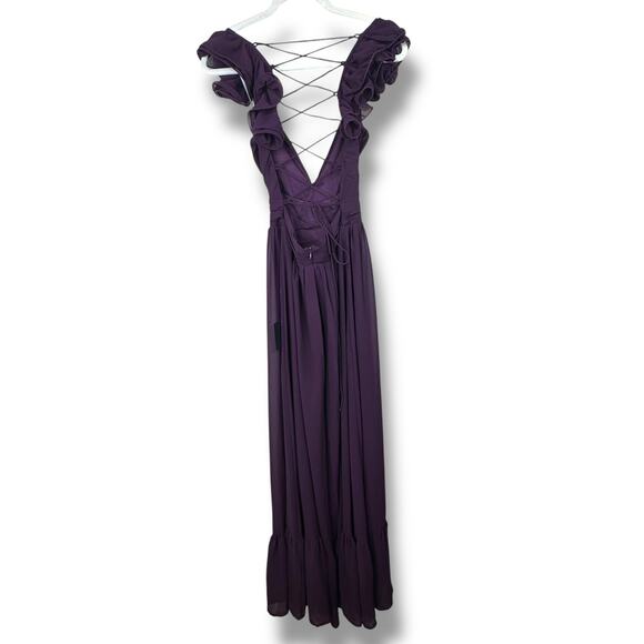 Lulus NWT Soiree Celebration Purple Ruffled Lace-Up Chiffon Maxi Dress Small - Picture 7 of 10